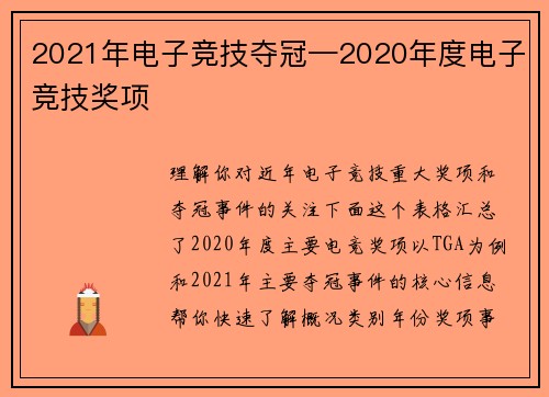 2021年电子竞技夺冠—2020年度电子竞技奖项